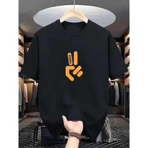 [Casual Outing] Men's Peace Sign Graphic T-shirt - Soft cotton, casual round neck short sleeve T-shirt, orange geometric print, a must-have for summer casual wear, photo gesture, create a unique dressing style, suitable for men, women, moms and friends, c