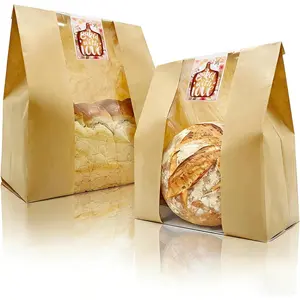 16"X10"X5"  Paper Bread Bags for Homemade Bread with Window & Sticker for xl Sourdough Bread, Very Wide Bread Loaf, Baked Goods, Packaging for Gifting - Brown  50 count