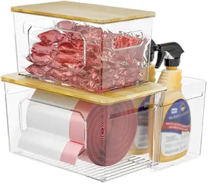 Batoto Trash Bag Holder 2-in-1 Under Sink Organizer, Acrylic Trash Bag Dispenser with Bamboo Lid and Pull-Out Basket for Cleaning Supplies, Space Saving Garbage Bag Holder for Kitchen Laundry Room Storage