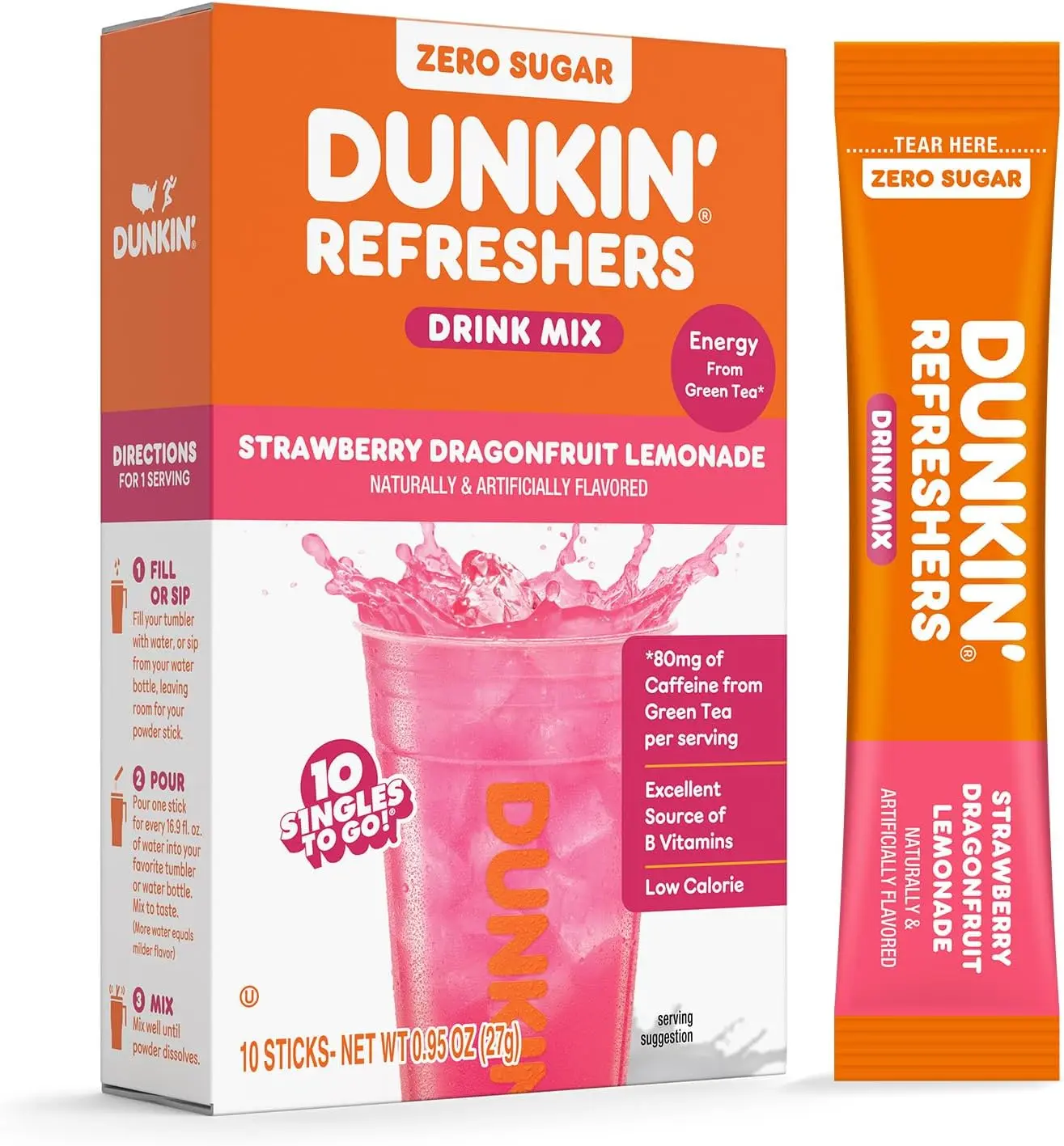 Dunkin’ Zero Sugar Refreshers Singles To Go! Powdered drink mix packets, Strawberry Dragonfruit Lemonade, 10 packets per box , Energy from Green Tea, aspartame-free, no synthetic colors, naturally and artificially flavored, just add water