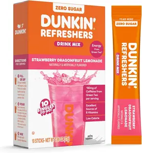 Dunkin’ Zero Sugar Refreshers Singles To Go! Powdered drink mix packets, Strawberry Dragonfruit Lemonade, 10 packets per box , Energy from Green Tea, aspartame-free, no synthetic colors, naturally and artificially flavored, just add water