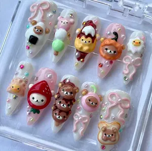 150. Kawaii Bear Parade Press-On Nails, 3D Cartoon Bears in Strawberry Hood, Pumpkin Suit, Dango Skewer & Ribbons, Colorful Crystal Details, Handmade Cute Style, Gifts for Her
