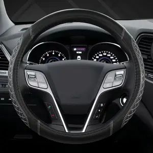 Customized Auto Car Steering Wheel Cover for Hyundai,Tucson,Sonata,Elantra,Santa Fe,Genesis,Sonata Hybrid,Azera,Venue,Kona, 14.5-15 inches(Diamond Quilted-Black+Gray-Standard Size)