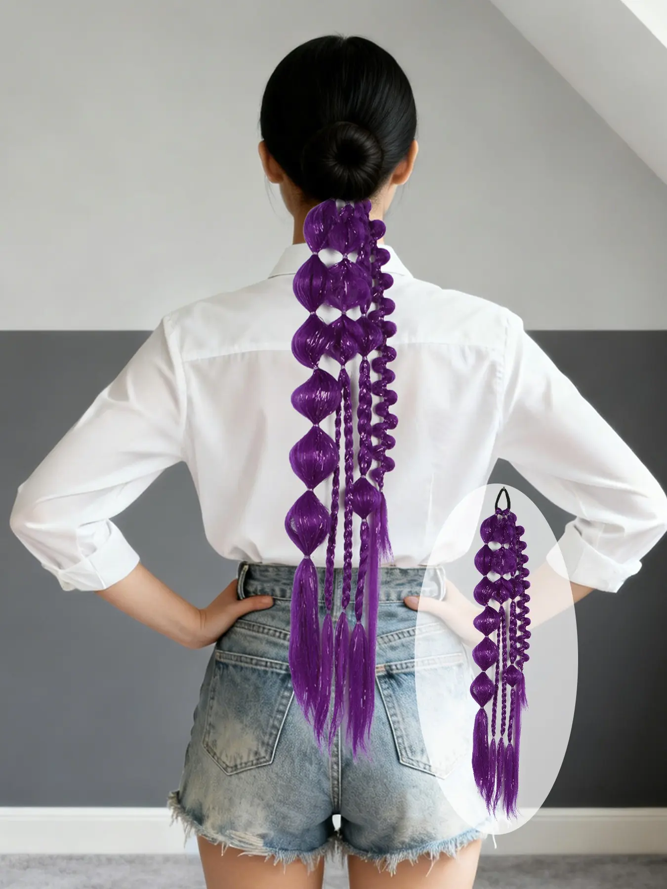 1pc Long Pink Blue Green Yellow MulticolorTinsel Hair Braided Ponytail＋Bubble Ponytail Extension for Women ,Y2k Hair Ponytail,22 Inch Wrap Around Ponytail Afro Puff Ponytail Style Hair Extensions ,Curly Braided Straight Textured Hairband Ponytails