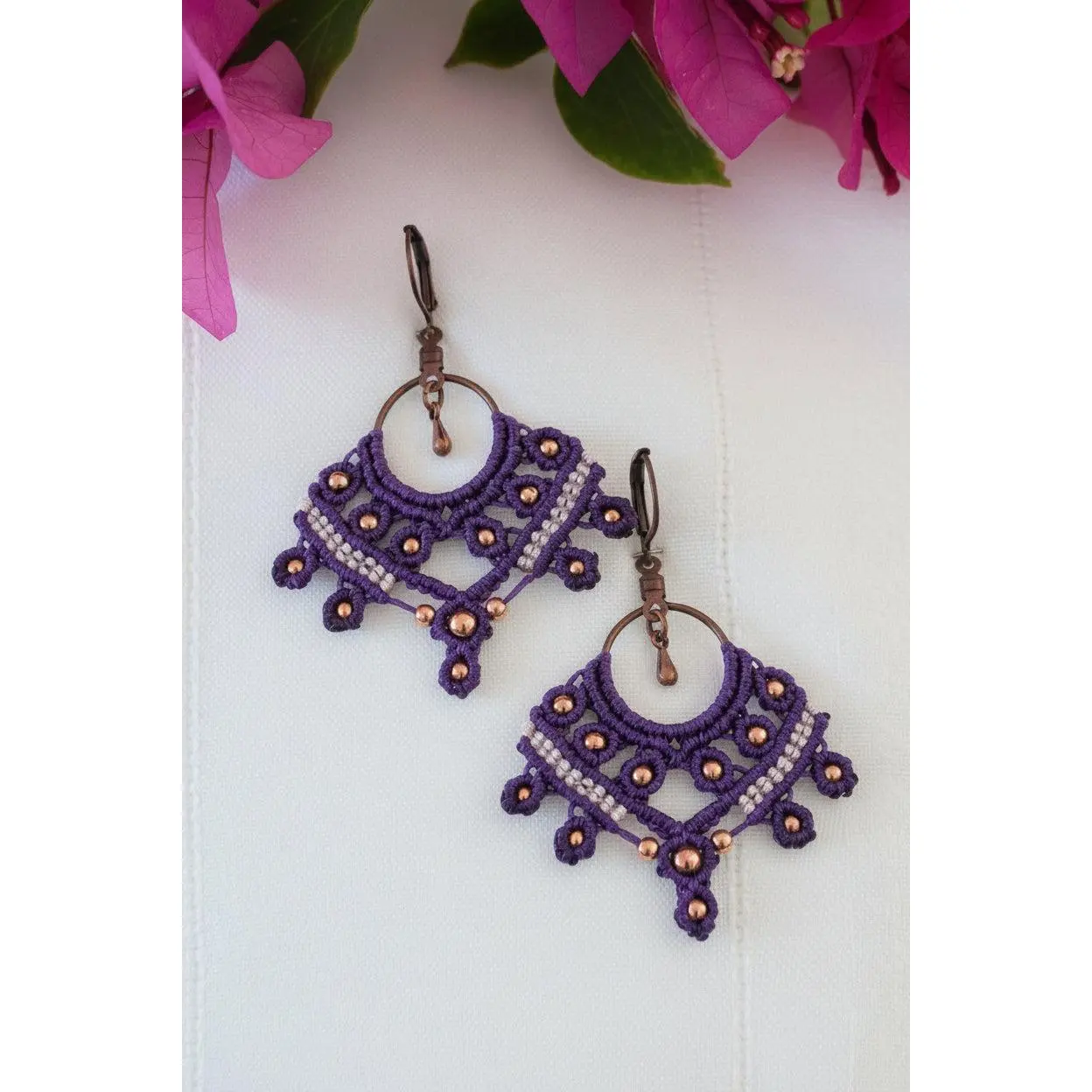 Macrame Chandelier Earrings - Deep Purple with Copper Beads