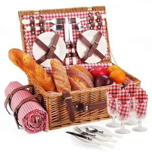 Picnic Basket for 4 Persons with Waterproof Picnic Blanket and Insulated Cooler, Large Wicker Picnic Basket for Camping, Outdoors, Valentine's Day, Christmas, Birthday, Wedding Gift, Pink