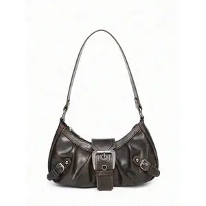 1pc Women's Vintage/Retro Y2K Leather Ruched Asymmetric Shoulder Bag, Suitable for Going Out, Party, Cocktail