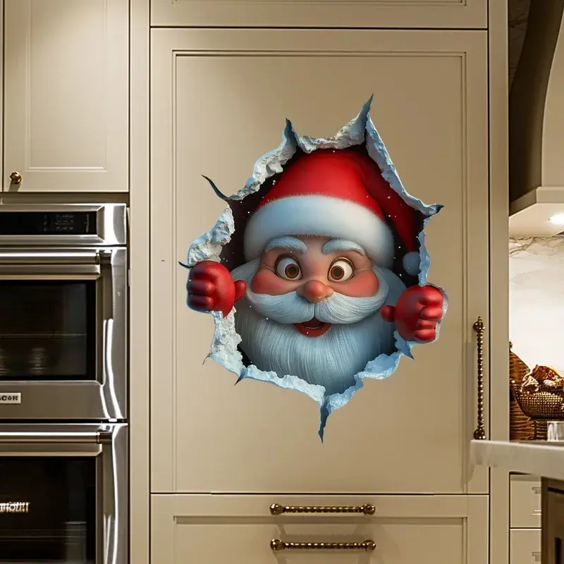 Christmas Wall Stickers, Santa & Reindeer Cracked Removable Festive Wall Decals for Home Door Living Room Bedroom, Holiday Gift, Apartment Friendly Dorm Use Xmas Home Decor