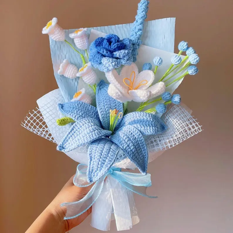 Crochet Lily Bouquet - Handmade Purple Blue Flower for Mother's Day Gift with Blue Ribbon and Floral Accents