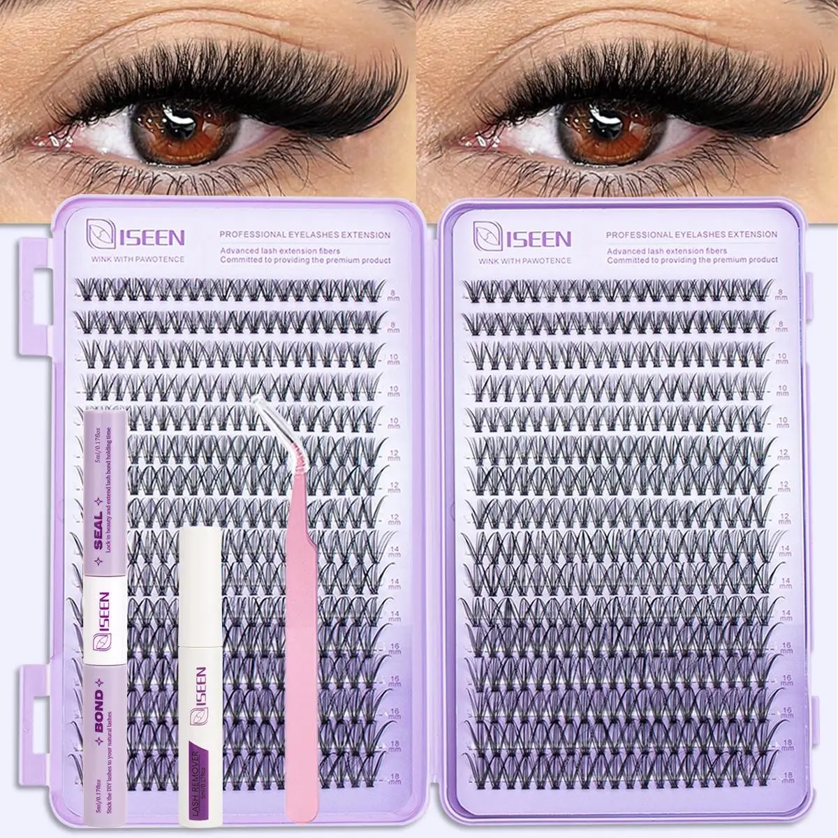 Mixed-Length DIY Cluster Eyelash Extension Kit, Curled Long-Lasting Waterproof Lashes, Cosmetic False Lashes, Includes Bond, Lash Glue & Seal, Tweezers & Headband, Synthetic Realistic Cosmetic Eyelash Extensions, Eyelashes Extensions, Lashes Extension Set