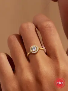 S925 Sterling Silver Elegant Braided Round Zirconia Ring, Solitaire Engagement Ring, Fashion Accessories for Women, Trendy All-match & Exquisite Jewelry for Birthday Gift