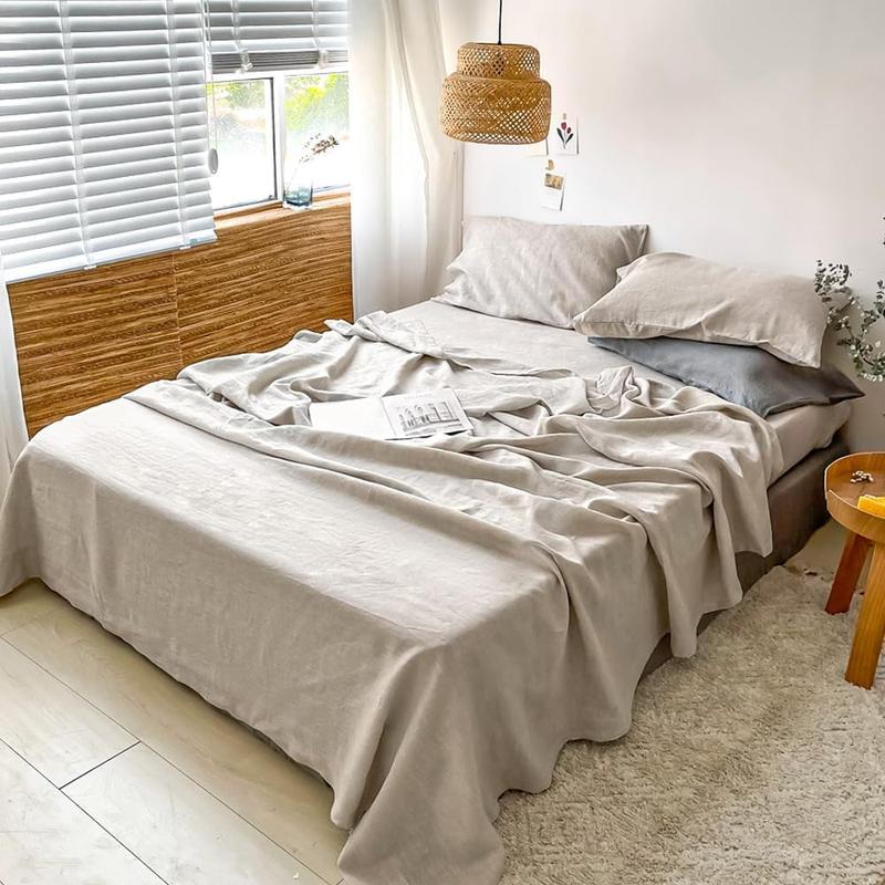 Simple&Opulence 100% Linen Sheets Set, Natural French Linen Bed Sheets, Breathable Soft Durable Bedding Set for All Season