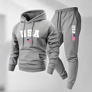 Men's USA Patterned Hoodie And Drawstring Track Pants Set, Men's Casual Athletic Long-Sleeved Hooded Jacket And Pants, Suitable For Fall And Winter, Street Style Hoodie Set, Everyday Wear, Indoor And Outdoor Sportswear