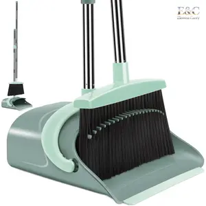 Broom and Dustpan Combo Set, Long Handle Dust Pan Upright Stand Up Sweeping Tool, for Home Kitchen Room Office Lobby Floor Daily Cleaning Use Gray&Green
