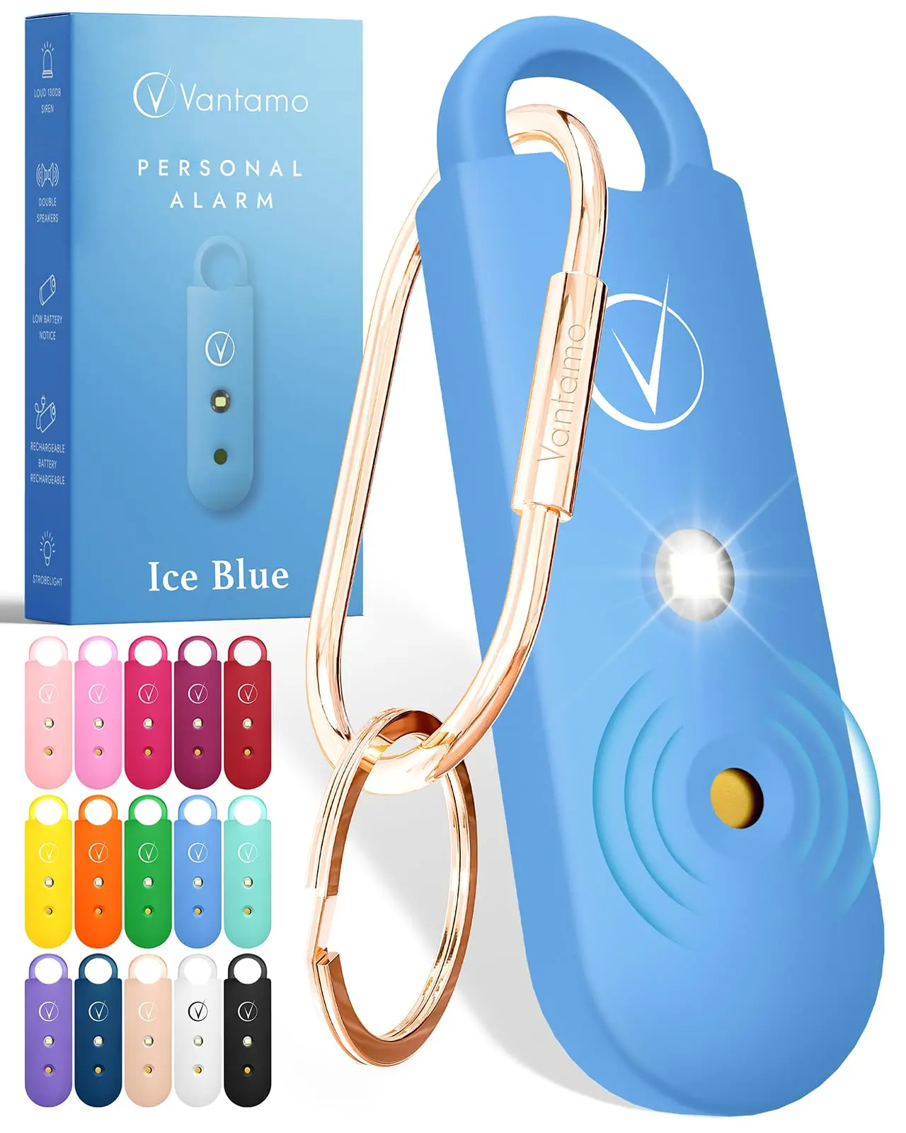 Vantamo Personal Alarm for Self Defense with Low Battery Notice, Strobe Light & Extra Loud 130 dB Double Speakers Safety Keychain Set for Women, Rechargeable Panic Button for Womens Self Defense