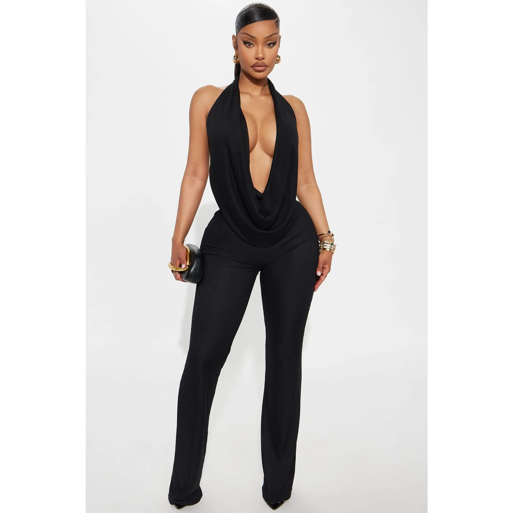 Shayna Cowl Halter Mesh Pant Set - Black