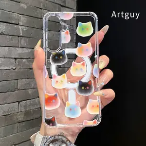 Rainbow cat dreams Pattern Magnetic Phone Case for  Samsung Galaxy S26 Edge S23 Ultra S24 Plus FE S25 S22+ Anti-Yellowing Shockproof Lightweight Transparent Acrylic Large Hole Soft Cover Supports Wireless Charging