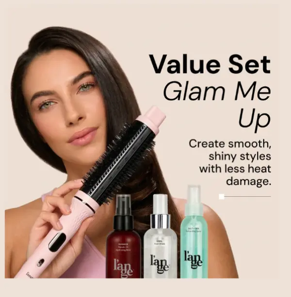 L'ANGE HAIR - Glam Me Up Value Set - Salon-Quality GlamWave Thermal Ionic Brush, Adjustable Rival Heat Shield, Lightweight Manage Marula Oil Hydrating Spray, Salt + Sea Texturizing Spray (4oz Each) for Flawless Smooth Hair, Heat Free Styler, Styling Kit,