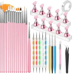 Nail Art Tools Set with Stand for Press On Nails Includes Brushes Liner Dotting Tool Essential Kit for Nail Tech Beginners