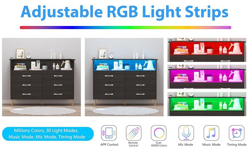 GARVEE Dresser with LED Light for Bedroom 6 Drawer, Wooden Dressers with Charging Station, Large Double Dresser with Wide Drawers, Modern Chests of Drawers for Living Room, Hallway, TV Stand