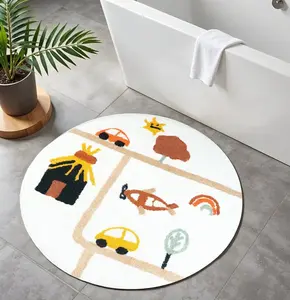 360 stand Round Cotton Bath Mat - 32 in. Cars Print, Water Absorbent, Mildew-Proof, Modern White Yellow Red Design, Bathroom Accessory Rug for Youthful Bath Spaces, Cozy, Decorative
