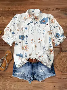 Casual vacation lapel pleated lace short-sleeved Ruffle Floral printed shirt top for women