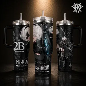 NieR Automata 2B Tumbler 20oz 40oz with Handle YoRHa No.2 Type B Travel Mug Stainless Steel Insulated Water Bottle for Gamers Anime Merch Glory to Mankind Gift for Him Her Birthday Aesthetic Cup