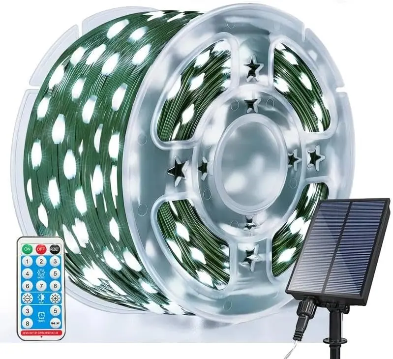 Solar-Powered Christmas Decorative Lights, 110 Feet, 300 LED Lights, Multicolor Fairy Light Strings with Timer, 8 Lighting Modes, Ideal for Gardens, Courtyards, Weddings, Parties (White Light)