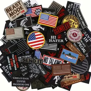 50pcs Random Funny Tactical Military Patches Set Tactical Flag Patch Bundle Army Patch Loop and Hook Patches Full Embroidered Appliques for Caps Tactical Vest Jackets Bags Backpacks