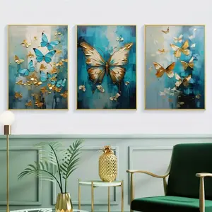 3 Pieces Optional Wooden Frame Texture Oil Painting Canvas Painting Print Wall Poster Gold Blue Butterfly Canvas Painting Wall Art Painting Artwork Wall Painting Corridor Entryway Wall Embellishment Color Accurate Reproduction Hanging Painting