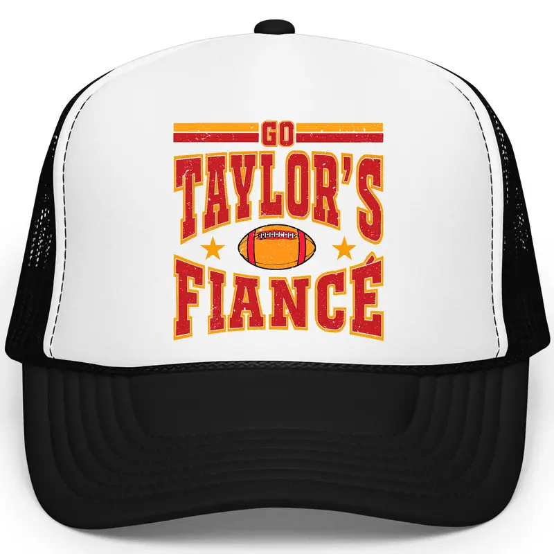 Go Taylor's Fiancé Football Season Trucker Hat - Kansas Football Red and Gold Cap - Funny Travis Fan Snapback for Women and Teens