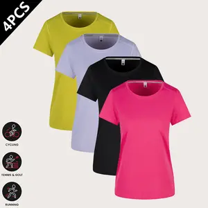 4-pack women’s quick-dry sports T-shirts, solid-color quick-dry sports T-shirts, women’s multicolor versatile cycling short-sleeve shirts, made from high-stretch quick-dry fabric with excellent moisture absorption and sweat wicking, simple versatile fit,
