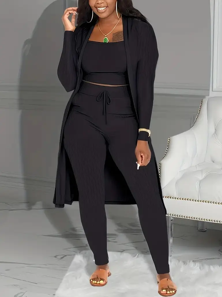 Women's Clothes 3-Piece Set - Casual Plain Fall Outfit with Long Sleeve Cardigan, Cropped Top, and Tie Knot Leggings, Comfortable, Everyday, Elegant, Longsleeves, Lady, Style, Basic, Sleeveless, Open Front, Modern Touch, Breathable Fabric, Plain Finish