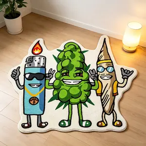 Instagram-style cartoon lighter, hemp sprout, and cigarette trio rug, Kawaii rug, irregularly shaped rug, Cartoon pattern rug, rug for the living room, short-pile bedroom/gaming room rug, printed rug, washable rug for cartoon lovers
