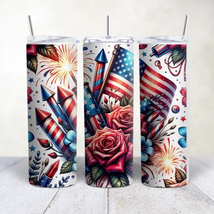 20oz Sublimated Tumbler - Decorative Bottle with American Flag Design & Fireworks, Ideal for Drinkware