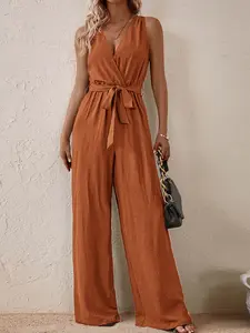 1 Piece Summer Casual Sleeveless Belted Wide Leg Jumpsuit Overalls