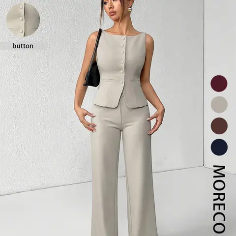 【Black Friday】Women's Solid Color Button Front Tank Top & Wide-Leg Pants Set, Casual Fashion Two-piece Set for Summer, Women's Clothing for Daily Wear, Office Siren Outfits, Elegant Suits