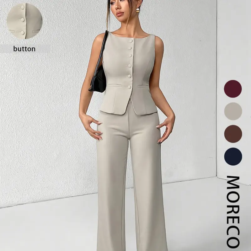 【Black Friday】Women's Solid Color Button Front Tank Top & Wide-Leg Pants Set, Casual Fashion Two-piece Set for Summer, Women's Clothing for Daily Wear, Office Siren Outfits, Elegant Suits