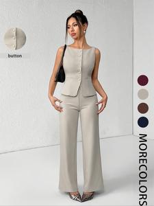 women's solid button front tank top & wide leg pants set, elegant casual fashion two-piece set for summer, women's clothing for daily wear, suits, office siren outfits