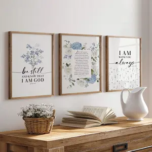 Christian Scripture Wall Art Set, Blue Hydrangea Poster Print, Floral Bible Verse Decor, Farmhouse Wall Art, Rustic Religious Home Decoration, Gift Idea