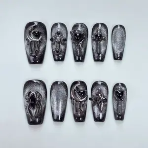 Wearing pure handcrafted nail art, finished fake nails, small niche high-end dark dress, silver magic mirror