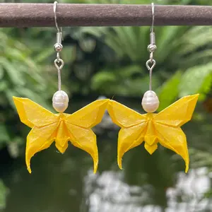 Yellow butterfly freshwater pearl dangling earrings - Sterling silver plated - Tissue foil paper - Handmade Origami jewelry - Water resistant