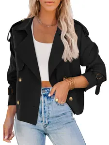 Women Crop Double Breasted Trench Coat Raglan Sleeve Work Office Cropped Jacket With Pockets