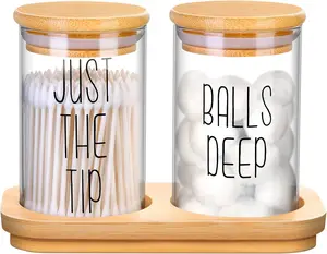Funny Qtip Holder Dispenser 2 Pack Glass Apothecary Jars Canisters with Tray, Cotton Ball Qtip Holder Bathroom Set with Bamboo Lids for Cotton Swab Farmhouse Bathroom Storage Organization