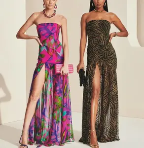 Women's Tube Top DressStrapless Backless Mesh Patchwork Tropical Leopard Print High Slit Long Dress for Party Club Night