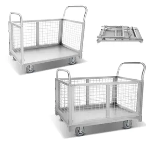 Multi-functional flatbed hand-pushed cart, with detachable guardrails on six-sided grid panels, capable of supporting up to 2200 pounds, equipped with swivel wheels, suitable for moving household items, setting up stalls, and transporting goods.