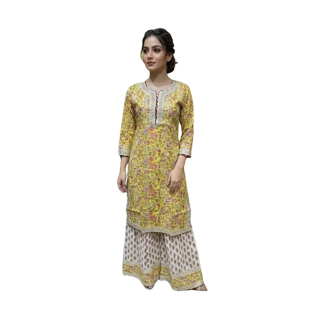 #3PS-27 Mustard Yellow Hand Block Printed Cotton Salwar Suit with Gota Patti Detailing