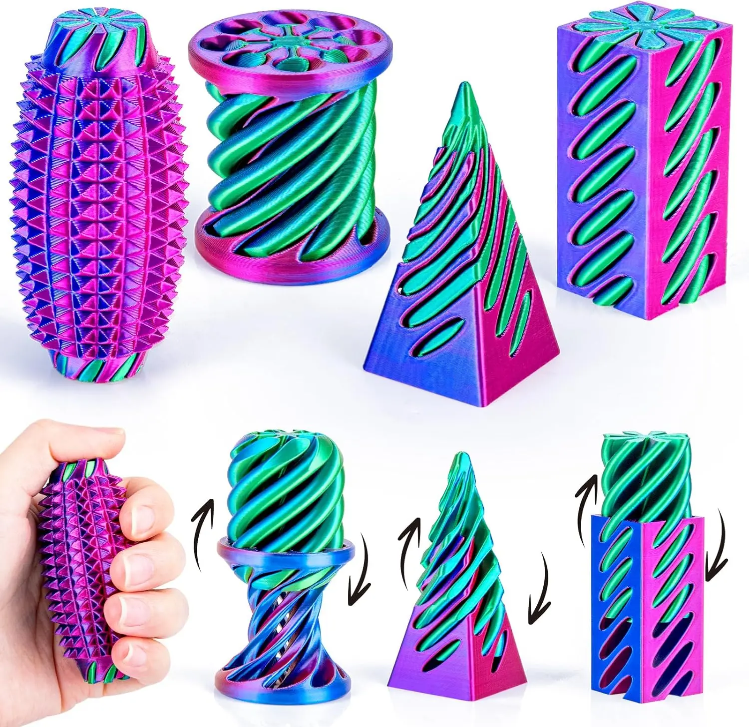 4-Pack 3D Printed Fidget Toys Set, Impossible Cone Spiral Pyramid & Little Ouchies Pain Stim for Stress Anxiety Relief, Fun Desk Decor Gifts for Kids Adults, Rose Red+Blue+Green