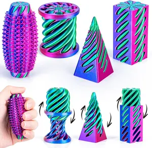 4-Pack 3D Printed Fidget Toys Set, Impossible Cone Spiral Pyramid & Little Ouchies Pain Stim for Stress Anxiety Relief, Fun Desk Decor Gifts for Kids Adults, Rose Red+Blue+Green
