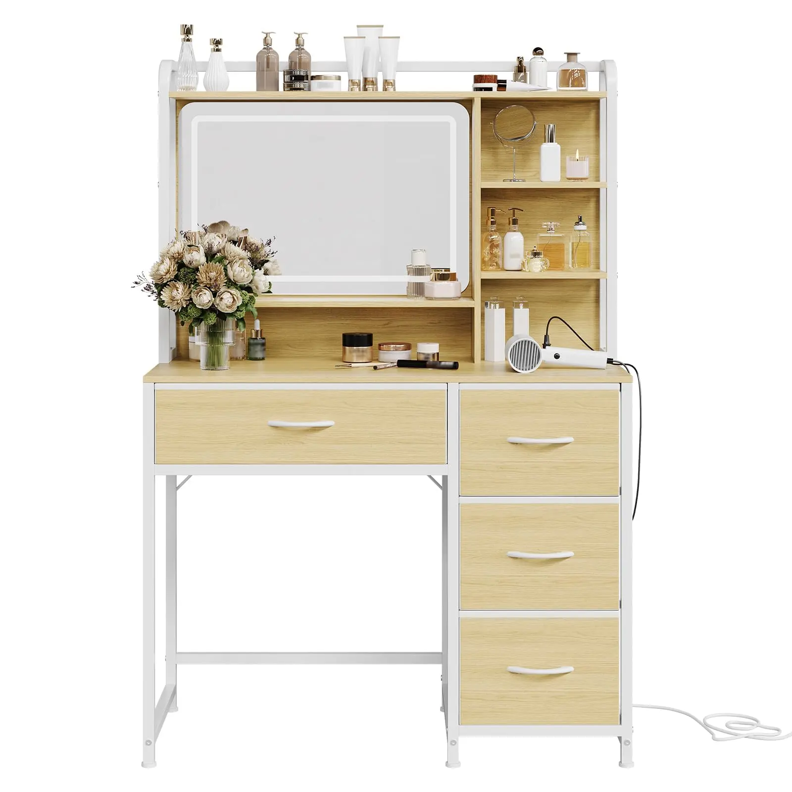 Garvee Modern Vanity Desk with Mirror and Adjustable LED Lights, 35.4" Makeup Vanity Table with Shelves,  4 Fabric Drawers, Storage Shelves, Stylish Bedroom Furniture
